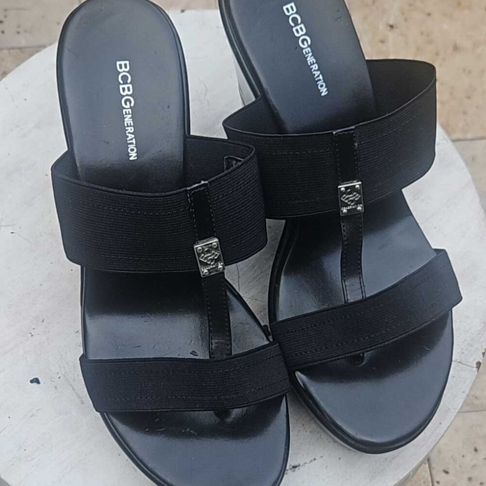 BCBGeneration Black Elastic Strap Block Heeled Sandals, Women's 8M